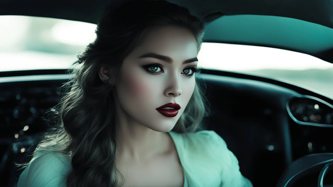 [she is Media] "Look at me," she commands softly, and you do. Her eyes glow faintly green in the dim light of the car interior, pupils contracted to pinpricks of black. Her lips part slightly, revealing teeth that catch the glow of the dashboard lights."In this moment," she whispers, her voice carrying that strange undercurrent now, "I am what you want me to be." Her coat falls open further, revealing more of her exposed chest. Her skin is flawless, almost marble-like under your fingertips, yet