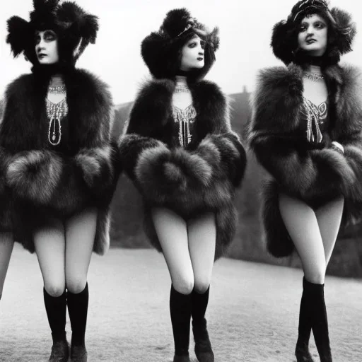 Four Ziegfeld Girls walking symmetrical