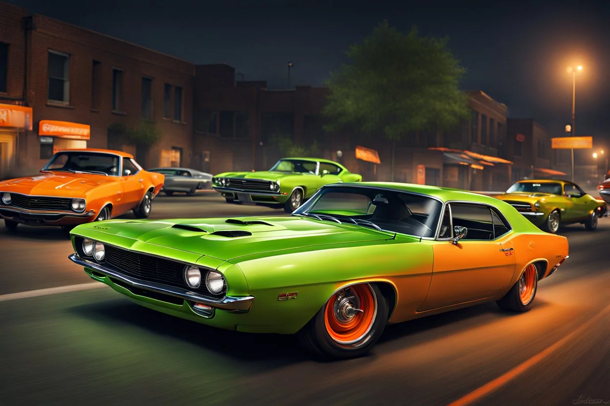 Fotorealistisch Straßenrennen nachts limettengrüner Plymouth Barracuda gegen orangen Chevrolet Camaro Z28