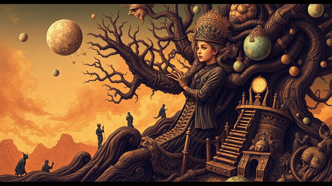 Surrealist art, bold lines, hyper detailed, a dark warm limited palette, the Realm of Dreams, symbolic, intricate, detailed