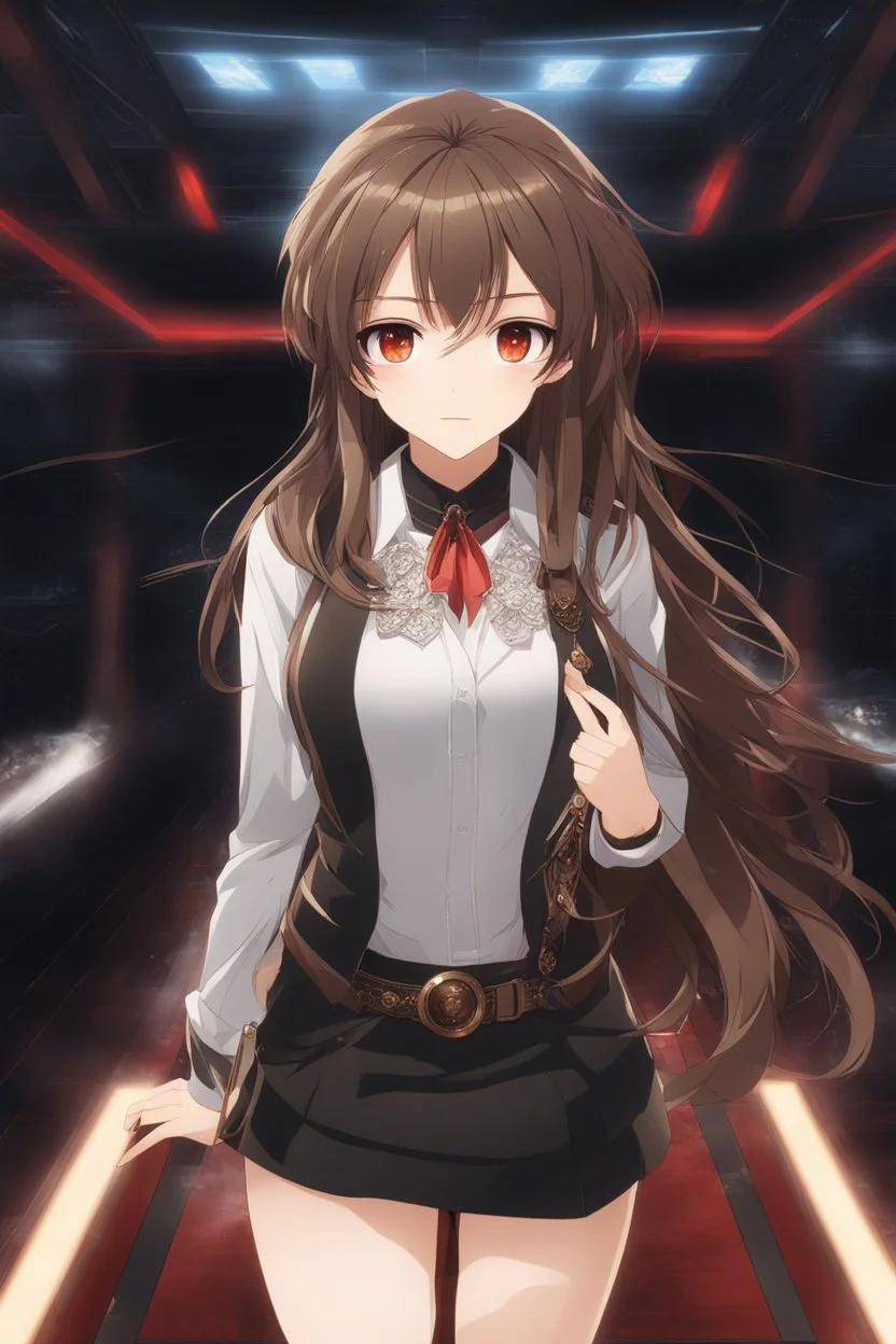 (masterpiece), (anime style), award winning, centered, looking toward camera, long brown hair, confident young woman, red eyes, intricately detailed modern setting, dynamic lighting, dynamic composition, ultra detailed, (epic composition, epic proportion), professional work, wearing casual clothes