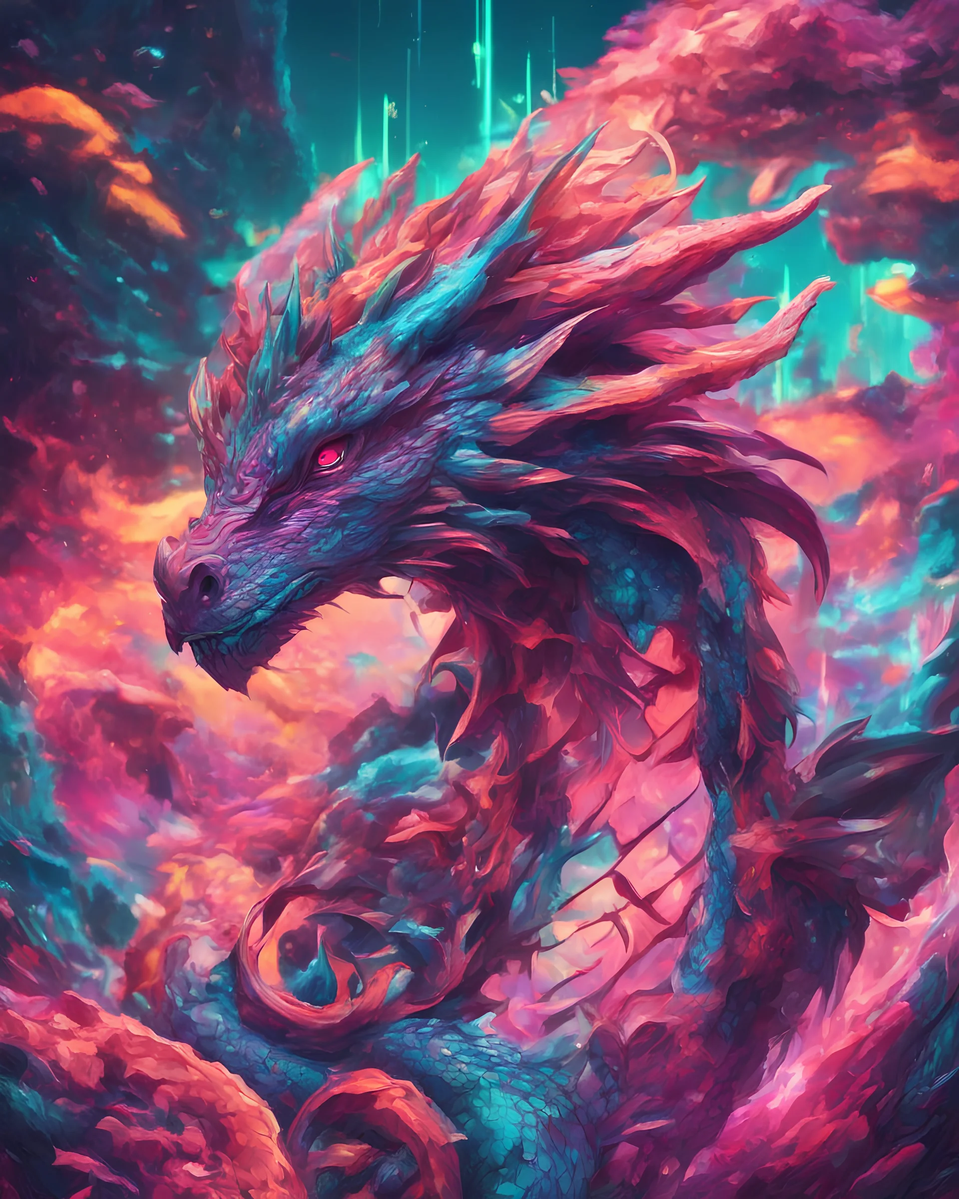 Close up shot, Dragon in a vibrant synthwave dreamscape, neon chaos swirling energetically around pixelated forms, a dynamic fusion of retro gaming nostalgia and futuristic abstraction