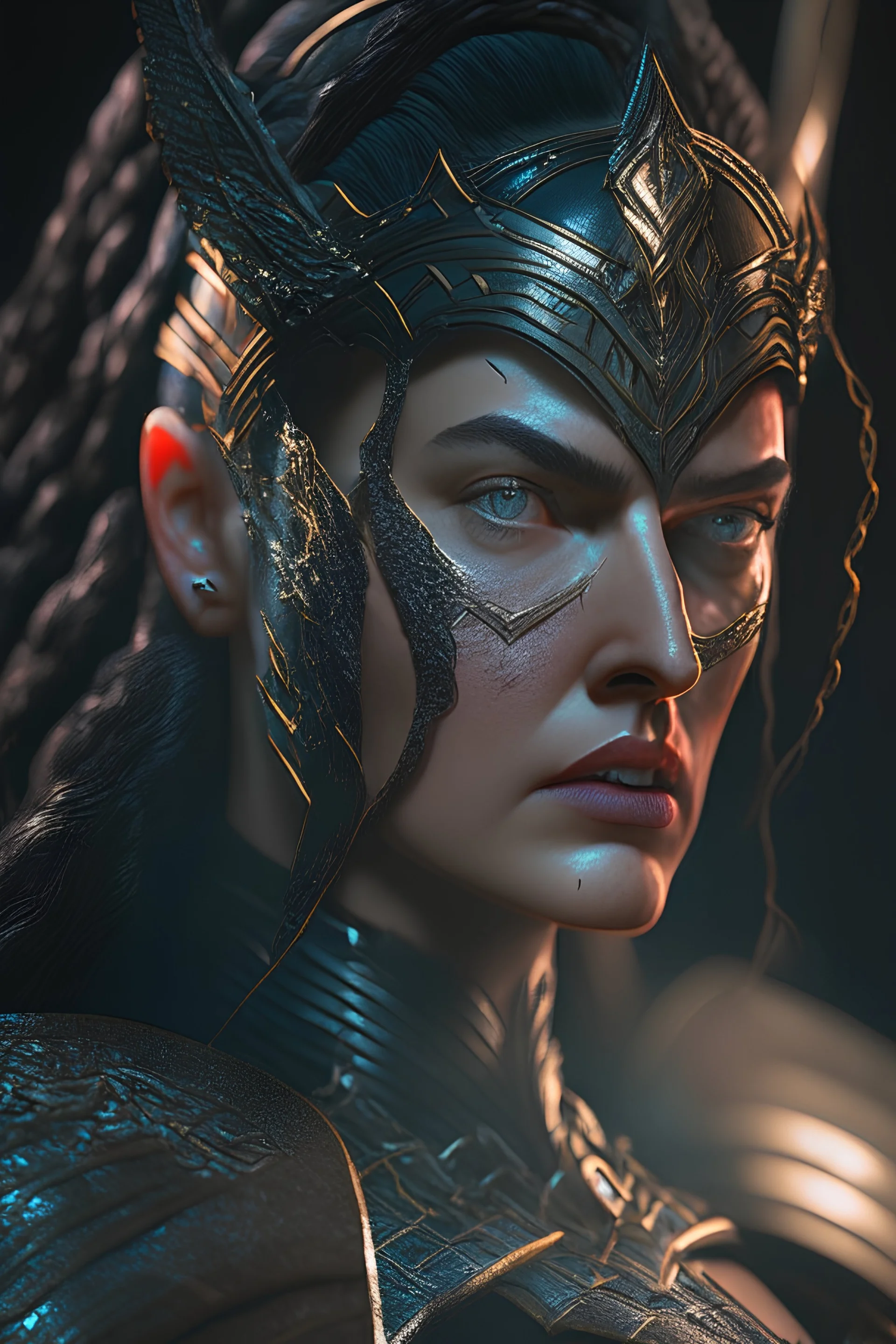 Iconic Wonder Woman, medieval, noir, braided black hair, ultra-detailed armor, stunning portrait, dynamic shot, vivid, richly saturated colors, intricate details, cinematic atmosphere, immersive, global illumination, intricate shadows, reflections, Octane render, hyper-realistic, unparalleled detail, 8K resolution, groundbreaking, epitome of concept art, sharp focus, dynamic angles, intricate textures, breathtakingly mesmerizing, timeless masterpiece, futuristic technology, post-apocalyptic,