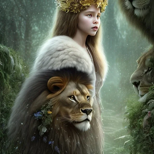 Young beautiful girl wearing floral crown with a stunning lion on nature forest path, Chronicles of Narnia, 8k resolution, high-quality, fine-detail, iridescent, intricate, digital art, detailed matte, volumetric lighting, beautiful, illustration, 3D octane render, brian froud, howard lyon, selina french, anna dittmann, annie stokes, lisa parker, greg rutowski,