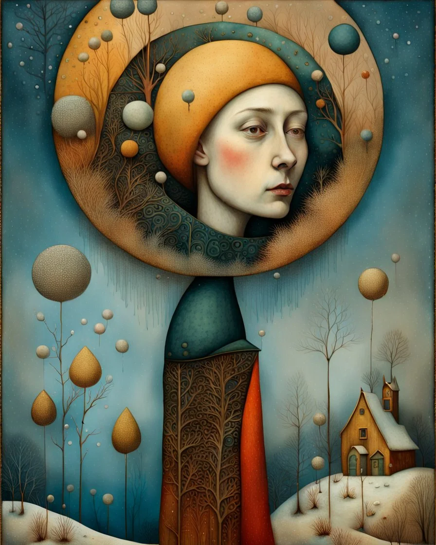 Richly textured Hieronymus Bosch, Catrin Welz-Stein, William Turner, Zdzisław Beksiński, Jacek Yerka oil on canvas zentangle line art style mix, surreal frosted fantasyland winter oceanscape, hoarfrost on trees, high grasses, snow and cottages, withered flowers, pale sunrise; paint splatter, beautiful vibrant colors, reflections, SK, flying seagulls, dramatic clouds, snowfall.