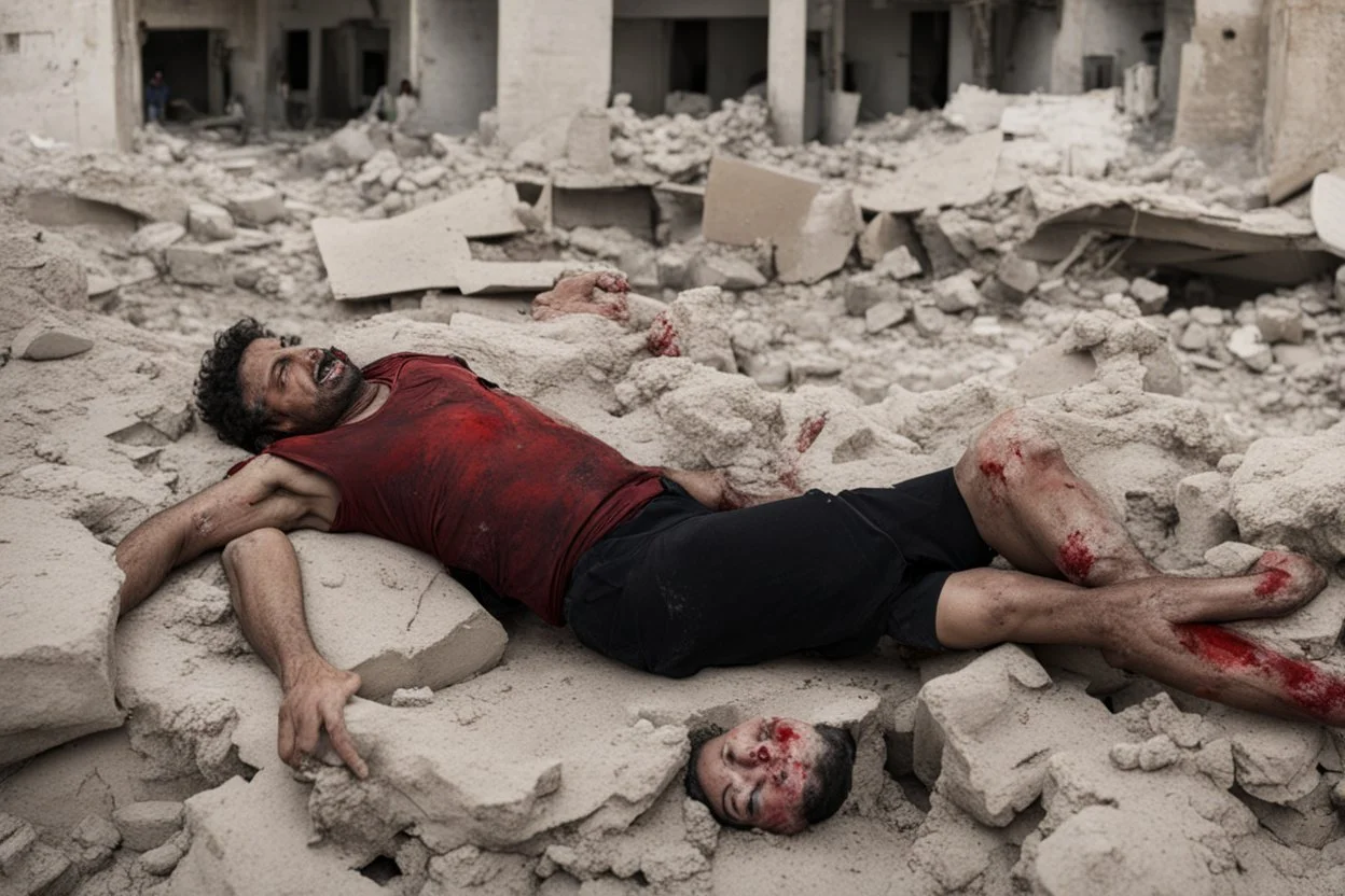 Bloody Man with no legs lying in ruins in Gaza