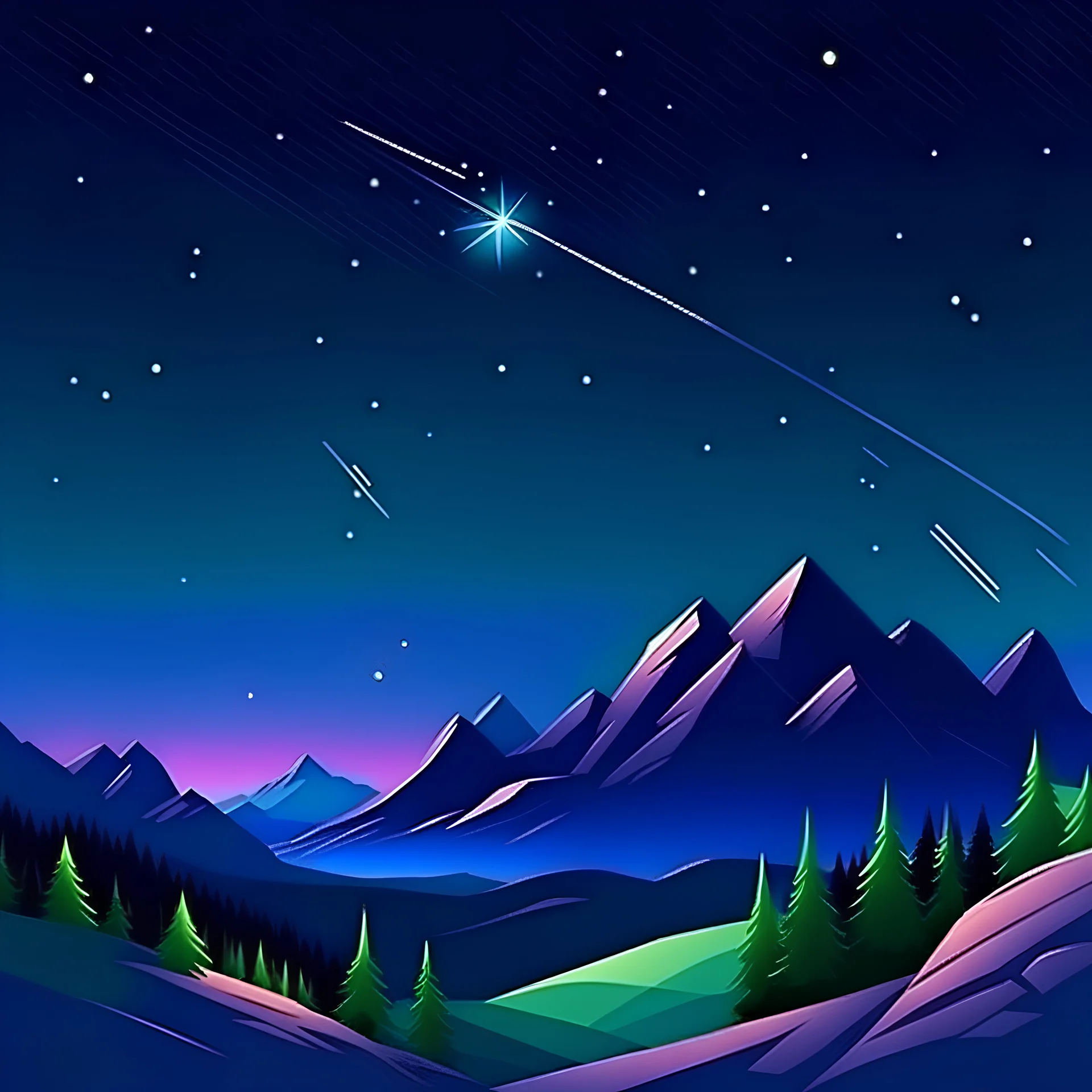 paisaje de montaña nocturno con estrellas fugaces