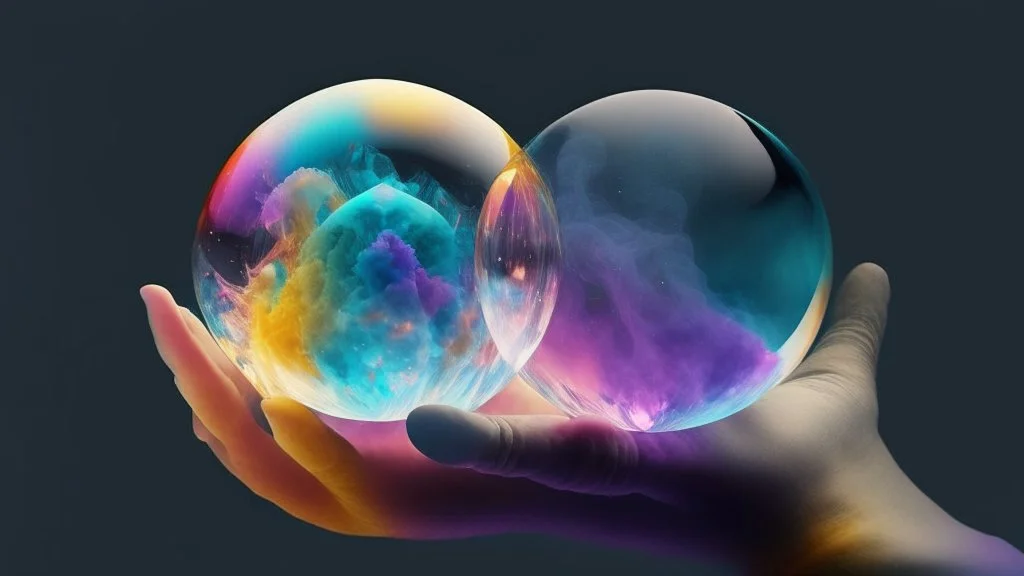 A single crystal ball to look into the future, hands around the ball, smoke appearing inside the ball, pink, dark blue, orange, yellow, aqua blue, very detailed and realistic