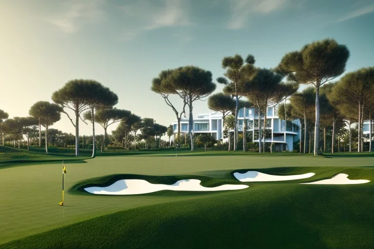 Day in algarve, a modern luxury villas architecture building WITH STRAIGHT LINES AND CANNOPY, white render and wood stripe vertical elements with gold metallic details, overlooking the golf course, green roofs and pools, sloped land with pinus pinea, hyper realistic 8k ultra render