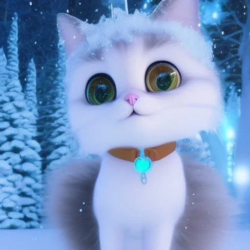 Cute beautiful princess cat girl in a winter wonderland; glowing eyes, magical view, extremely detailed fur, high quality picture, beautiful full volumetric lighting, cinematic shimmering illumination, brilliant coloring, smooth, sharp focus, crispy quality, vray; Pixar, Disney, Artstation; HD, HDR, SF, CGSociety, 16k, photorealistic, unreal engine