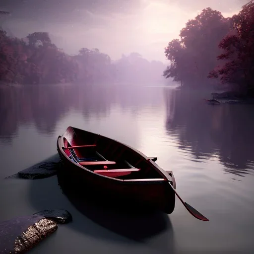 Charon in his boat on the river Styx, red black purple colours, 8k, high definition, fantasy art