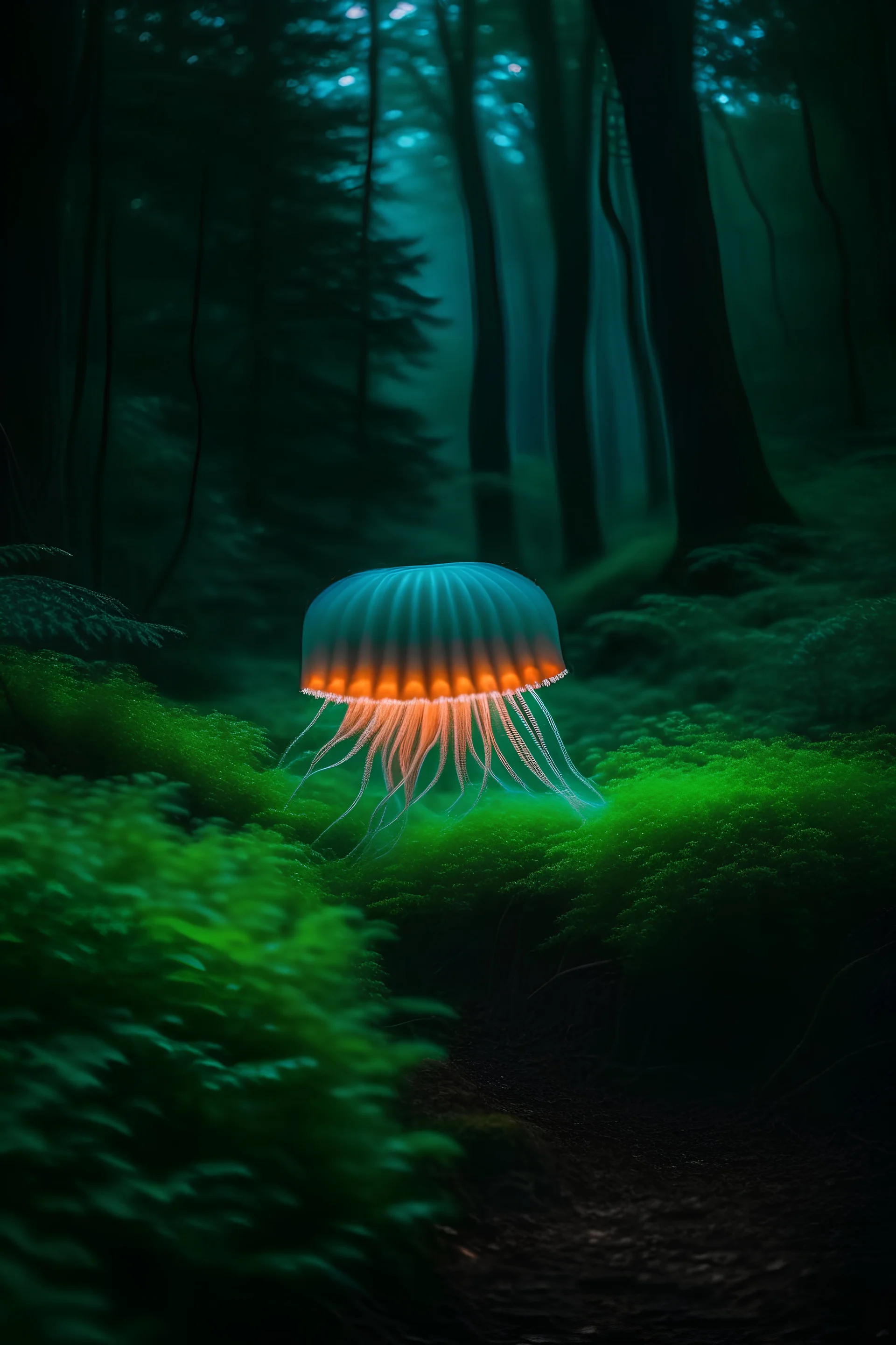 RAW photo, Fuji X-T20, high quality, a glowing bioluminescent jellyfish, floating in a foggy forest, cute