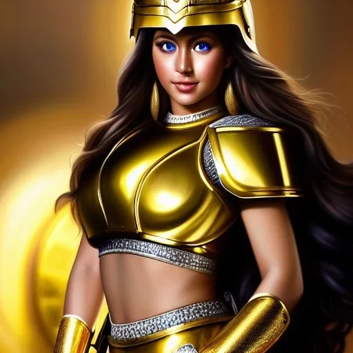 ultra detailed fullbody Portrait in oil on canvas of a beautiful busty woman with Saint Seya Gold Virgo armor with helmet,extremely detailed digital painting, extremely detailed face,crystal clear Big eyes, mystical colors ,perfectly centered image, perfect composition,rim light, beautiful lighting,8k, stunning scene,extremely sharp detail,finely tuned detail, ultra high definition raytracing, in the style of robert e howard and pablo oliveira and Ken Kelley and Ohrai Noriyoshi and Simon Bisle