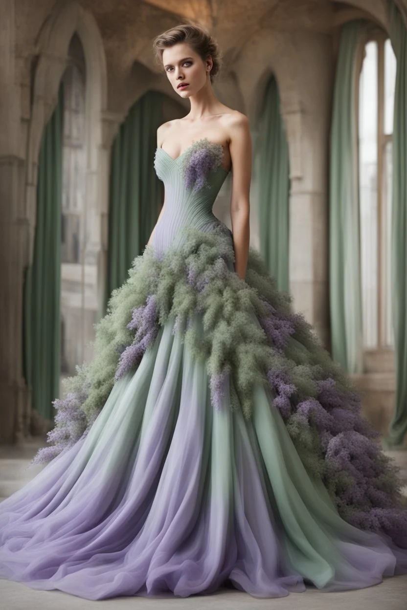 Stunning utopian ballroom gown with lavender and sage green. Hyper realistic standing model