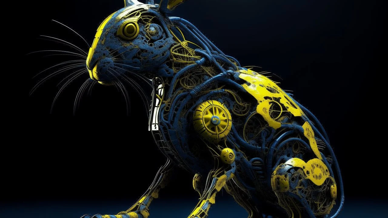 Horrific, bloodied rabbit figure, designed in the ominous, biomechanical style of H.R. Giger, situated within a high-contrast, sharply-defined environment reminiscent of the Blade Runner universe, showcased as an exceptionally detailed, 8K digital artwork., Smart lighting, navy blue, white and bold yellow color scheme