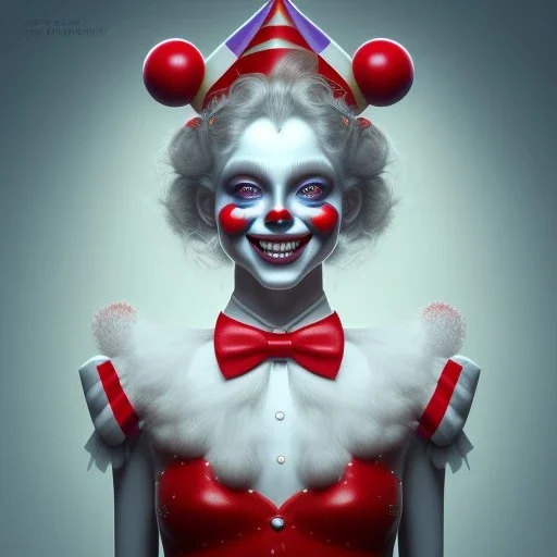 Ultra detailed very beautiful smileing cute clown girl,beautiful real skin, red nose, shallow of dept 3d, symmetrical, ultra detailed curl hair, ambient lighting, ultra detailed face, concept art, circus,party, digital painting, octane render, art by artstation