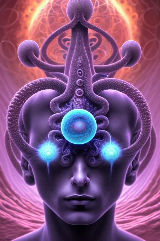 Spiritual sphere with Tentacles over human Head creating reality around, wrapping Tentacles around Human, Dimethyltryptamine