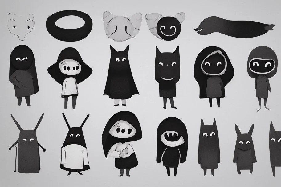 6 simple shaped hand drawn cartoon characters that are cute dark and have hoodies