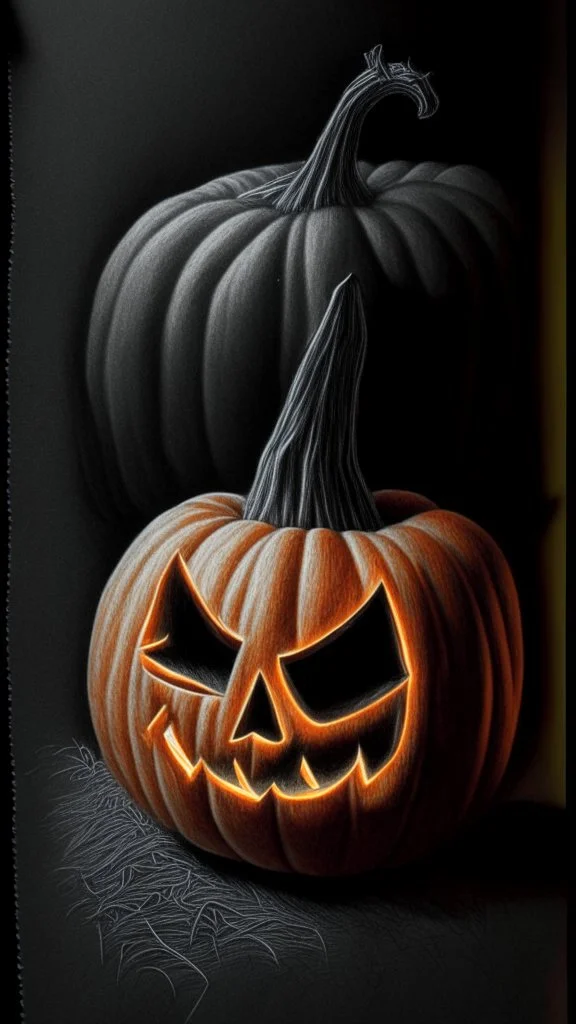 pencil drawing of a pumpkin. Spooky, scary, halloween, colored pencils, realistic, black paper