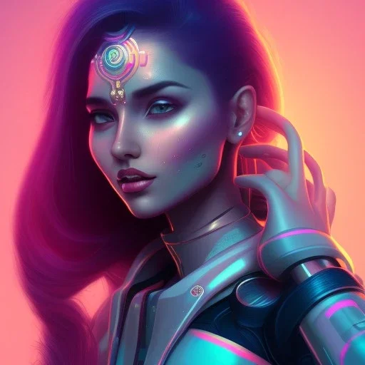 Cute indian girl face , Sci-fi character, orange backlight, pink and purple, scifi suit, profile, purple background, pink lighting