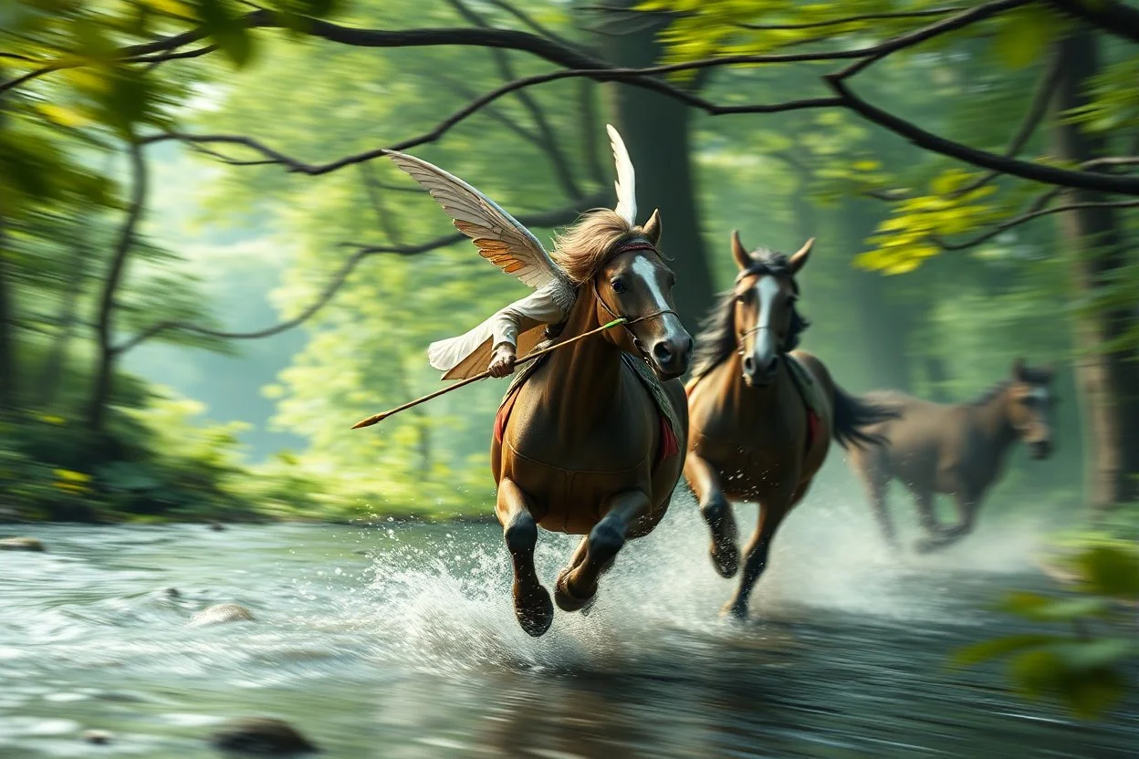 oil painting ,motion blur running caped long haired male angel pixie Quickling - Forgotten Realms dodging arrows above water and along winding branches in lush green forest holding arms around neck of speeding mares , bokeh like f/0.8, tilt-shift lens 8k, high detail, smooth render, down-light, unreal engine, prize winning