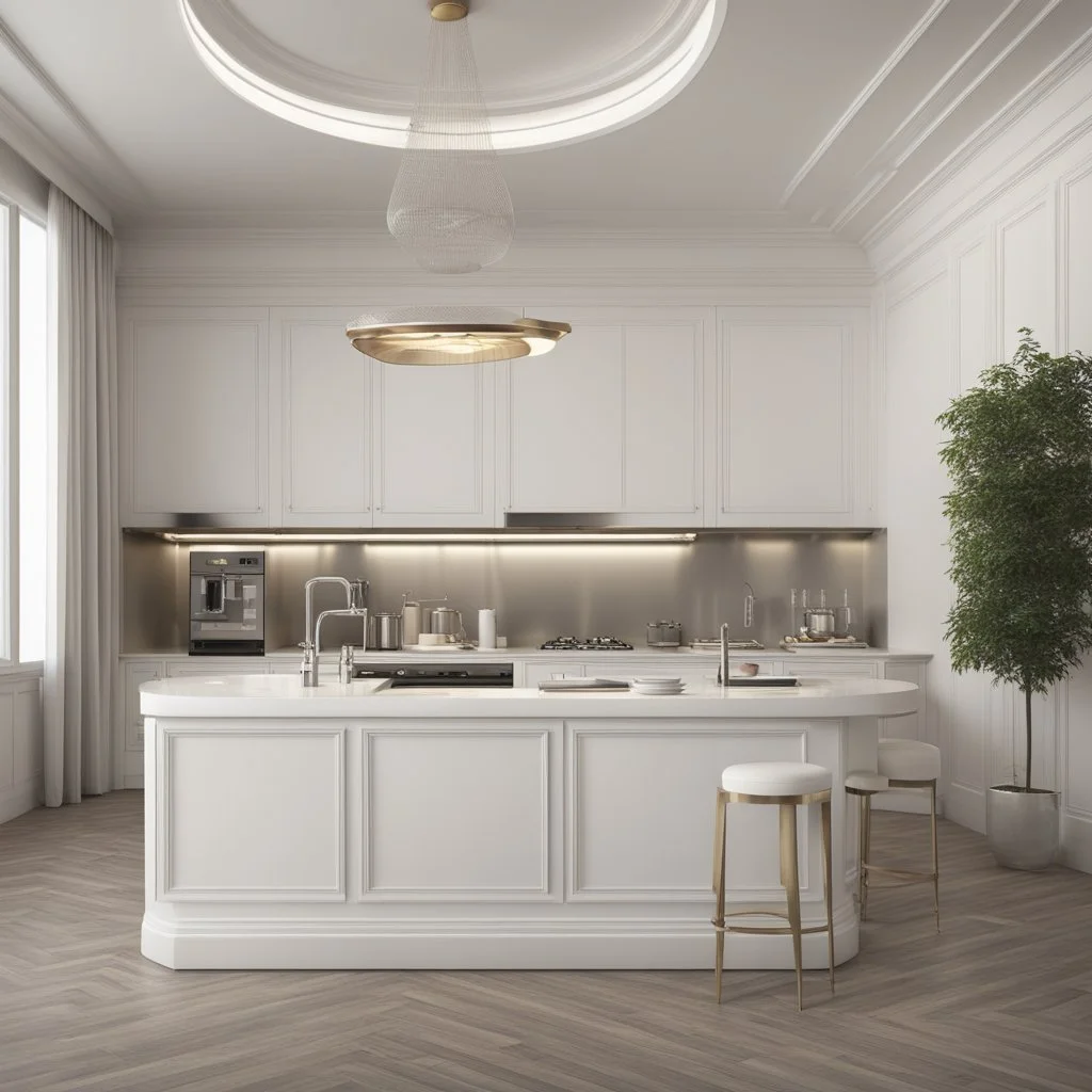 hotel kitchen, modern classic style, white colors, 3d