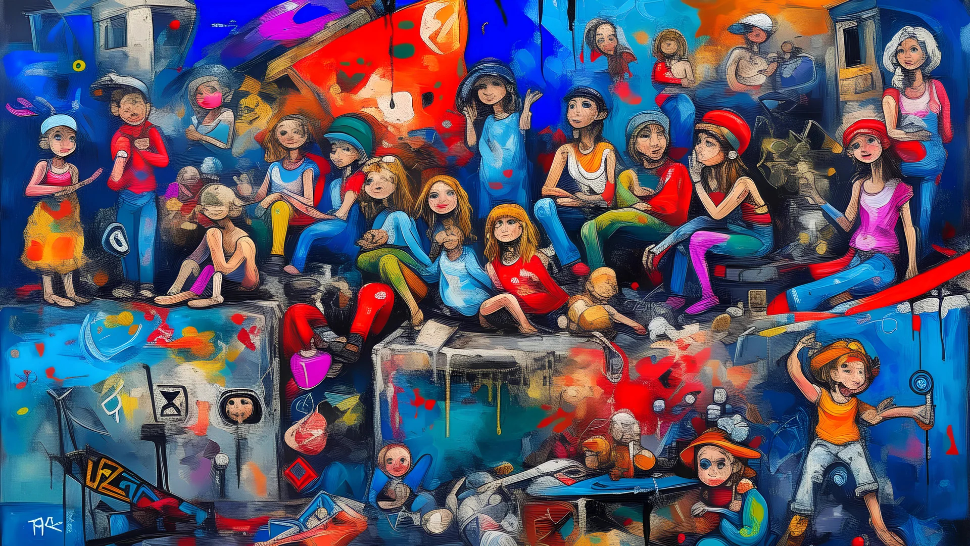 painting of various characters on a demolished wall in expressionist style