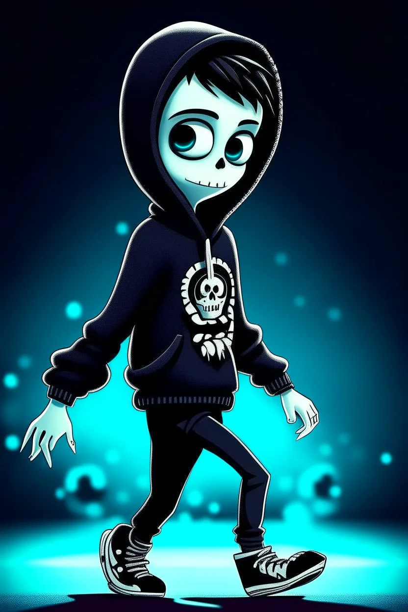 a cute animation boy, skateboarding , trendy hoody, 8 k, tim Burton skeleton style from the movie "night before Xmas", realistic animation, gothic