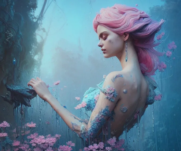 Insanely detailed photography of head and shoulder or a young beautiful woman, intricate and hyper detailed painting by Ismail Inceoglu Anna Dittmann and Alexander Fedosov CGSociety ZBrush Central fantasy art album cover art 4K 64 megapixels 8K resolution HDR. Background garden, water, blue, pink