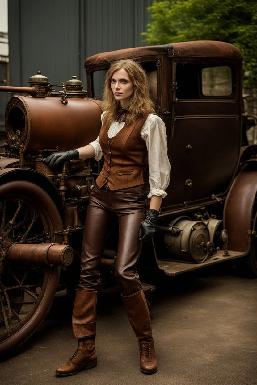 young woman with straight shoulder-length hair, dressed in brown leather trousers and waistcoat, leather gloves in an old industrial courtyard, next to a steampunk steam car on a summers day