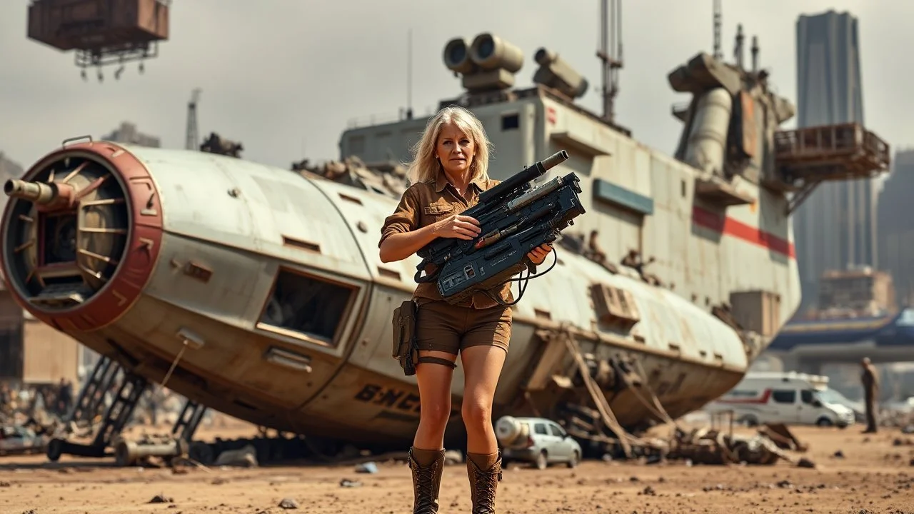 A 60-year-old woman with blond hair, a brown shirt, shorts, and boots, holding an armful of complex equipment, standing in front of a grounded cargo spaceship, with a ruined city in the background.