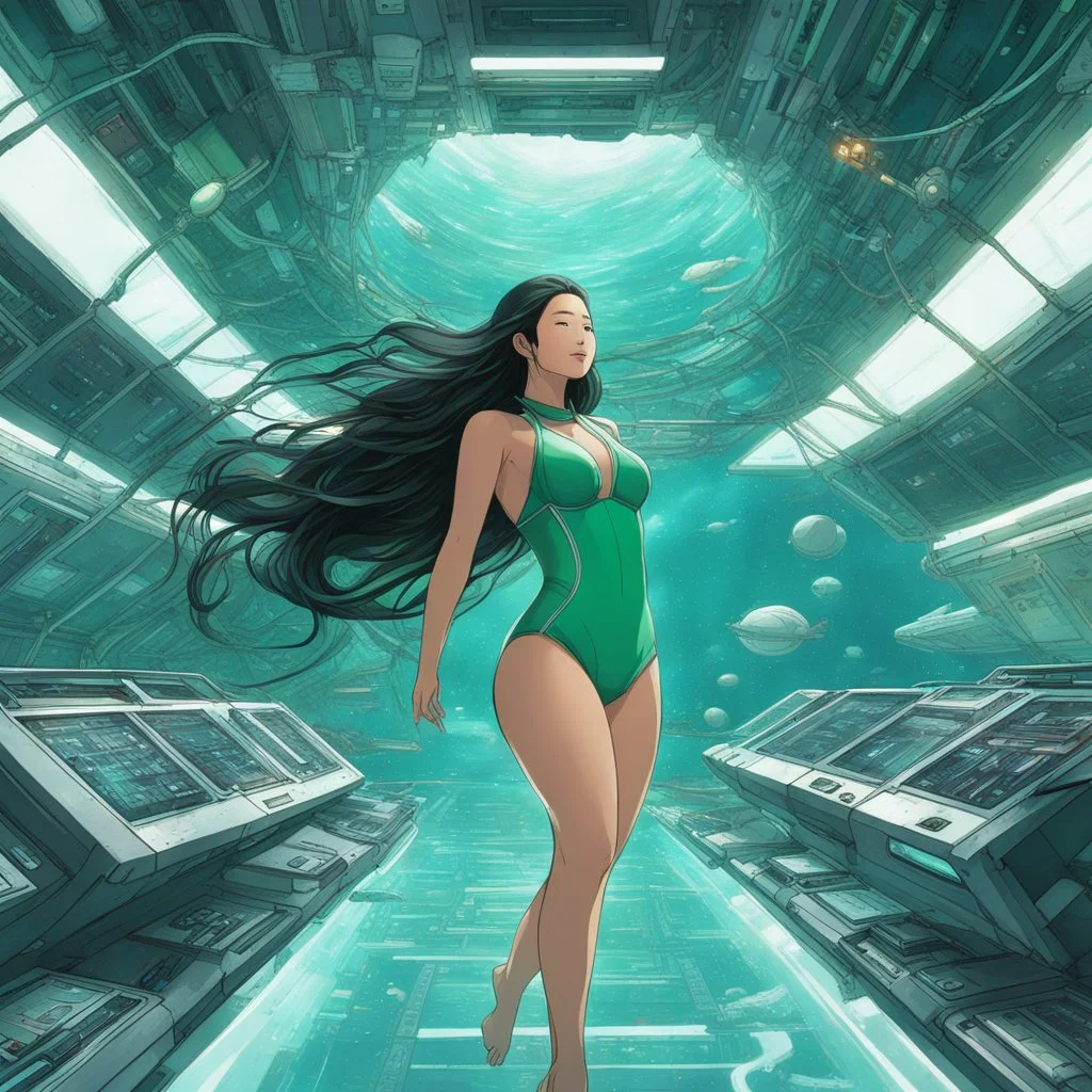 In the vast expanse of the space station, amidst a sea of devices and cables that hum with the promise of technological wonders, an Asian woman with flowing long hair floats weightlessly. Clad in a sleek green two-pieces swimsuit that accentuates her every curve, she moves through the station as if gliding through a serene underwater realm. The space station, a labyrinth of metal and machinery, is her domain. Here, in this microcosm of human ingenuity suspended in the void of outer space, she mo
