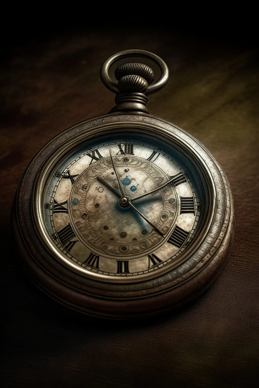 Generate an image of an antique pocket watch with a patina finish, displayed on a weathered leather surface with subtle, natural lighting."