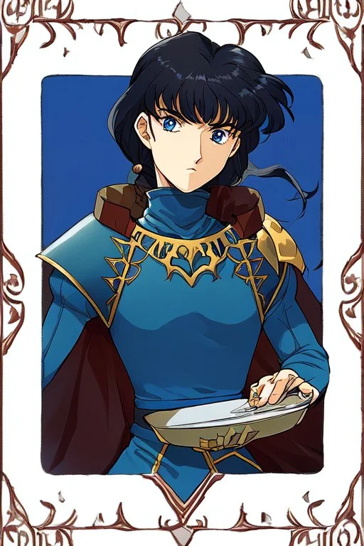 Motoko Kusanagi, clad in medieval stell plate armour, alone, blue eyes, perfect, beautiful, black hair, in the style of 90-s anime, androgynous, melancholic, moody