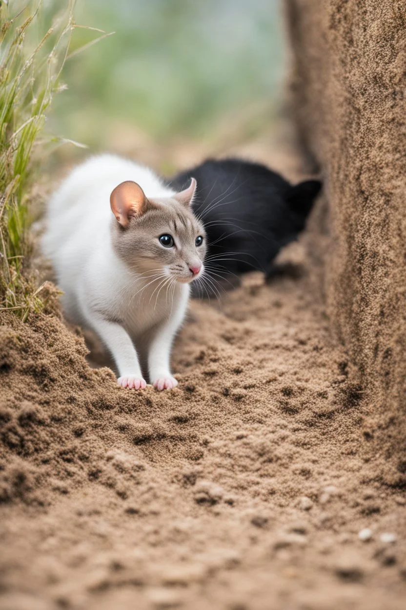 a mouse at the forefront, outside, she wants to go back in her hole, a cat is blocking the way