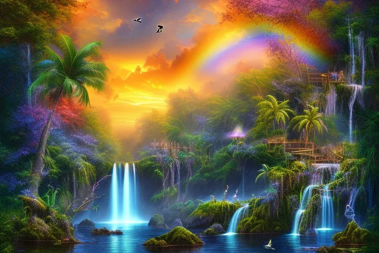 island waterfall palms twigs spring sunset rainbow bridge birds