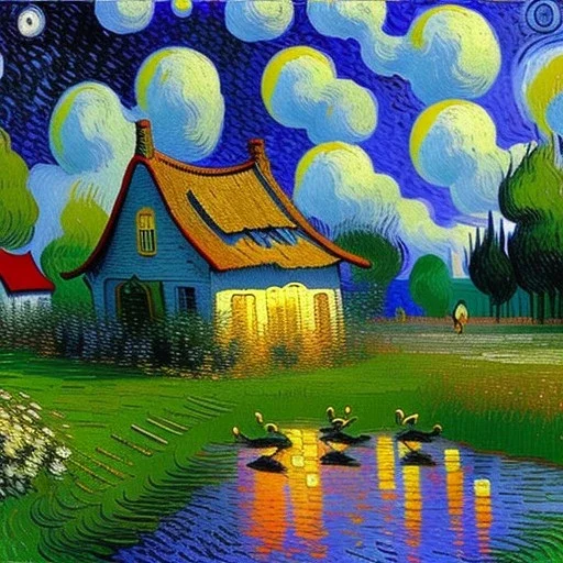 Dibujo al oleo de una pradera con una casa y un rio con patos con muchas nubes de colores estilo Vincent van Gogh