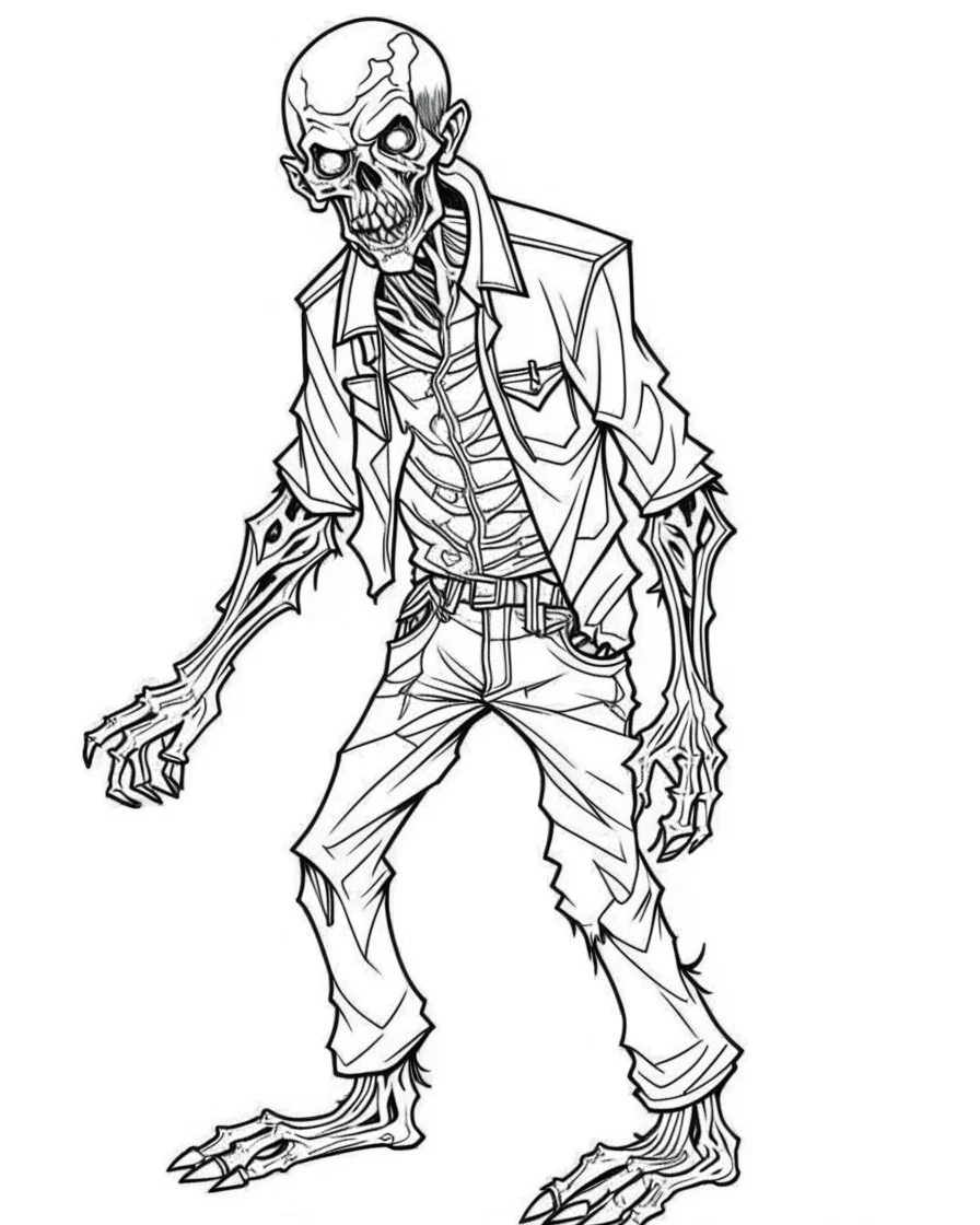 outline art for halloween coloring pages with zombie, white background, Sketch style, full body, only use outline, clean line art, white background, no shadows and clear and well outlined, coloring page for kids,