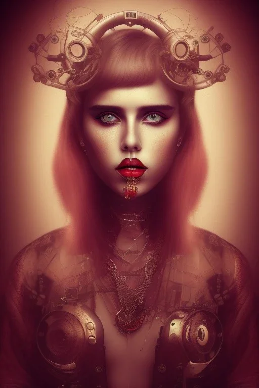 Danish singer MØ face,Abstract steampunk, red tones,