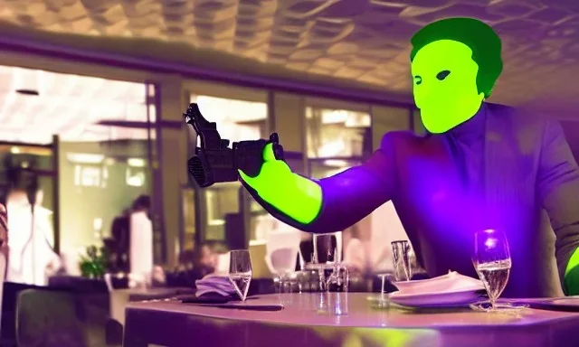 futuristic man in a green suit in a restaurant with purple lights, full of people, pointing a gun