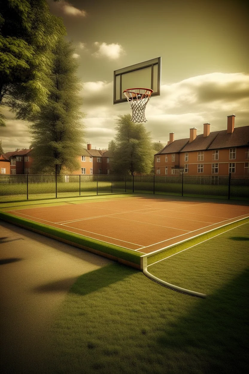 Basketball field in small danish town near viking structure in ps2 style