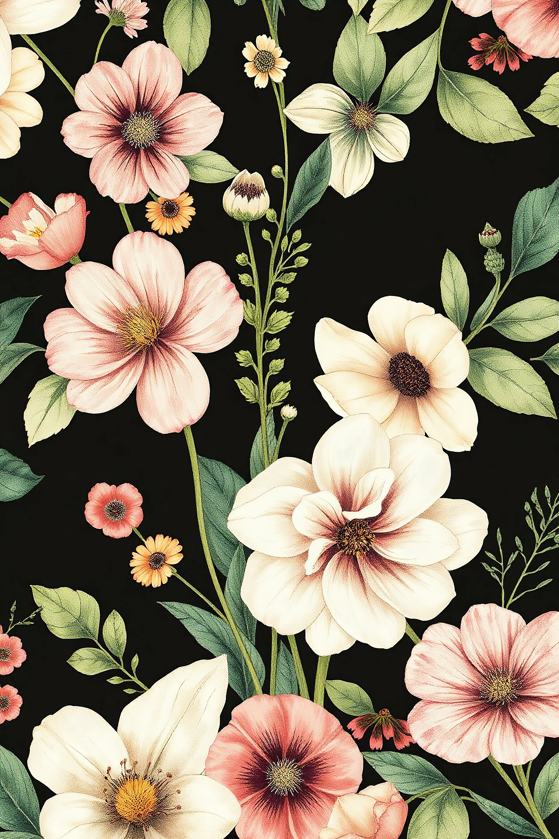 Create a "Vintage Botanicals and herbs" watercolour pattern. vintage botanical illustrations with designs featuring intricate floral patterns, botanical sketches, and lush foliage