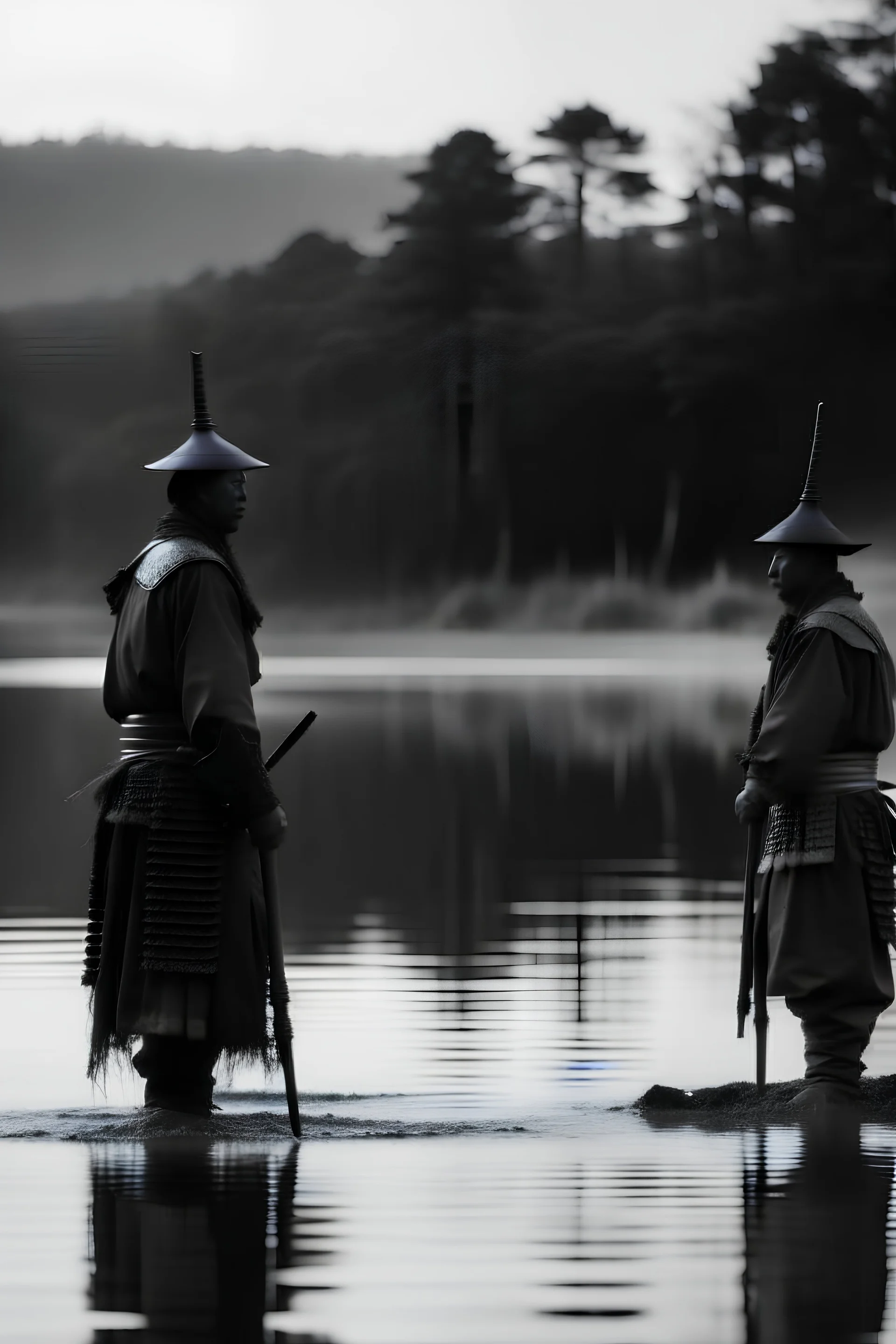 en un amanecer 2 samurai enfrentado sus espadas en la rivera de un lago con una multitud observandoles en plano general de isquierda a derecha en estilo monocromía
