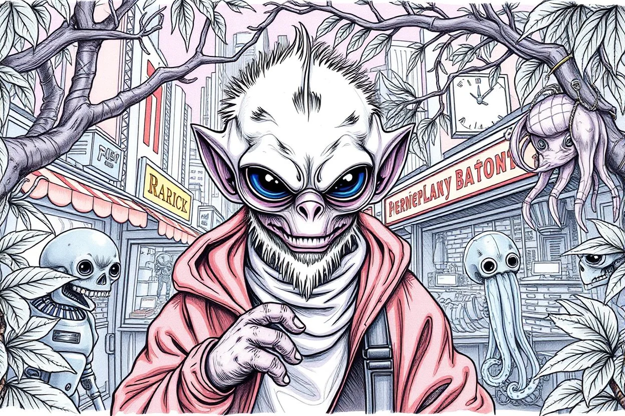 pen outline and spray paint portrait of furry smart and cute liquid alien thief man in front of Intergalactic city market in jungle branches with furry robots, and transparent squids. In the style of Escher