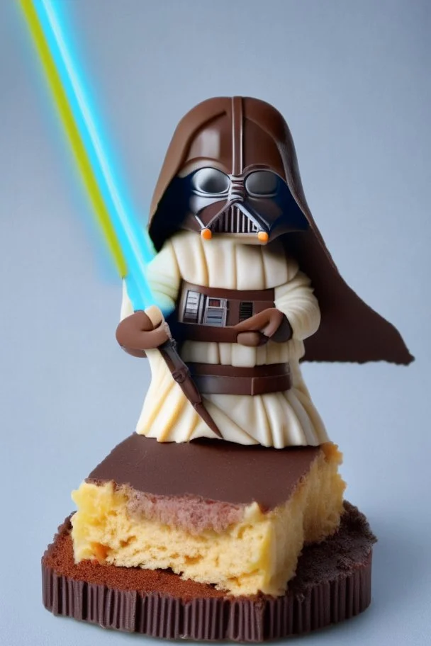 sponge cake filled with chocolate topped with a marzipan Jedi holding a lightsaber