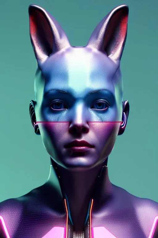 Medium Close Up Portrait, Front image. cyberpunk, rabbit mask, sweet woman, short hair. latex suit. Pink, silver, blue, color. Blade runner style. Color background, photo studio. highly detailed, concept art, smooth, unreal engine 5, ray tracing, RTX, lumen lighting, ultra detail, volumetric lighting, 3d, finely drawn, high definition, high resolution.