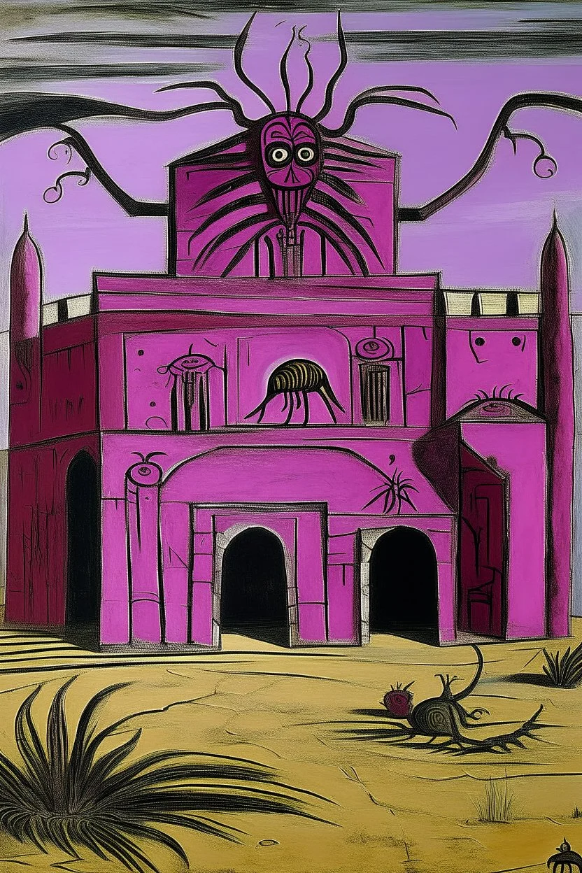 A purplish magenta Egyptian spider palace in a desert painted by Pablo Picasso