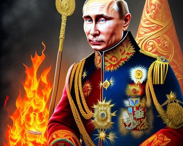 Russia president Vladimir Putin devil fangs and Moscow in fire with roket