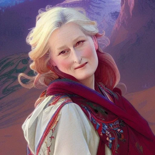 merryl streep with norway flag, plum, mountain background, fantasy, intricate, elegant, highly detailed, digital painting, artstation, concept art, smooth, sharp focus, illustration, art by gaston bussiere and alphonse mucha