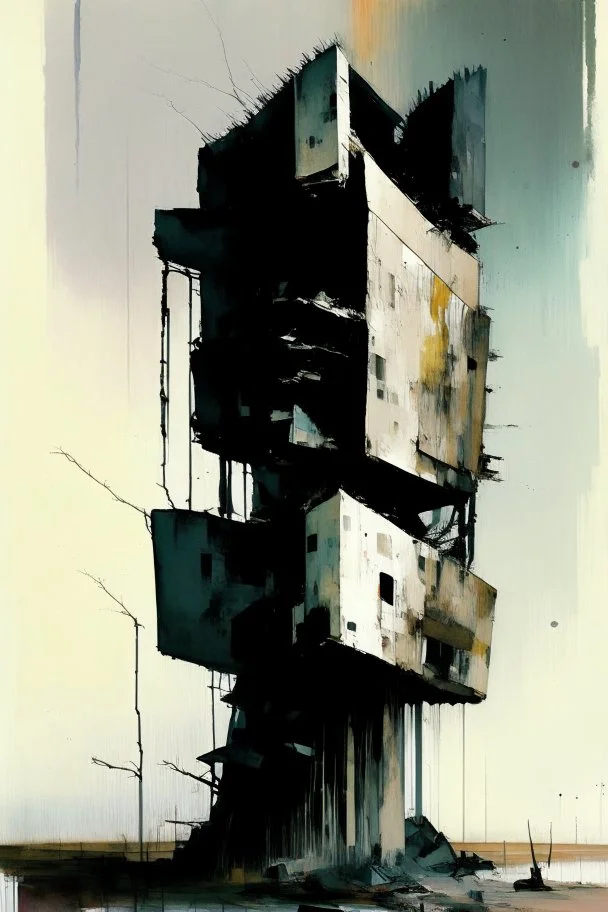 A abstract minimalist painting of Lebbeus Woods brutalist concrete bunker tower architecture. Breaking apart. In a desolate landscape. In the style of by Ashley Wood and Justin Mortimer. Large oil brushstrokes